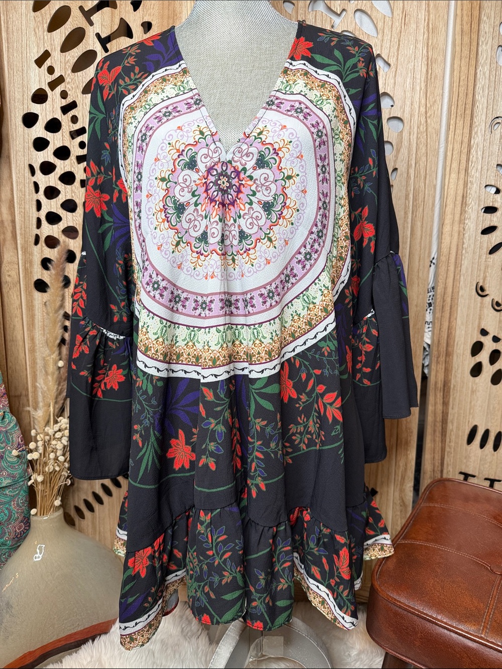 Umgee Black Long Sleeve Boho Medallion Floral Dress